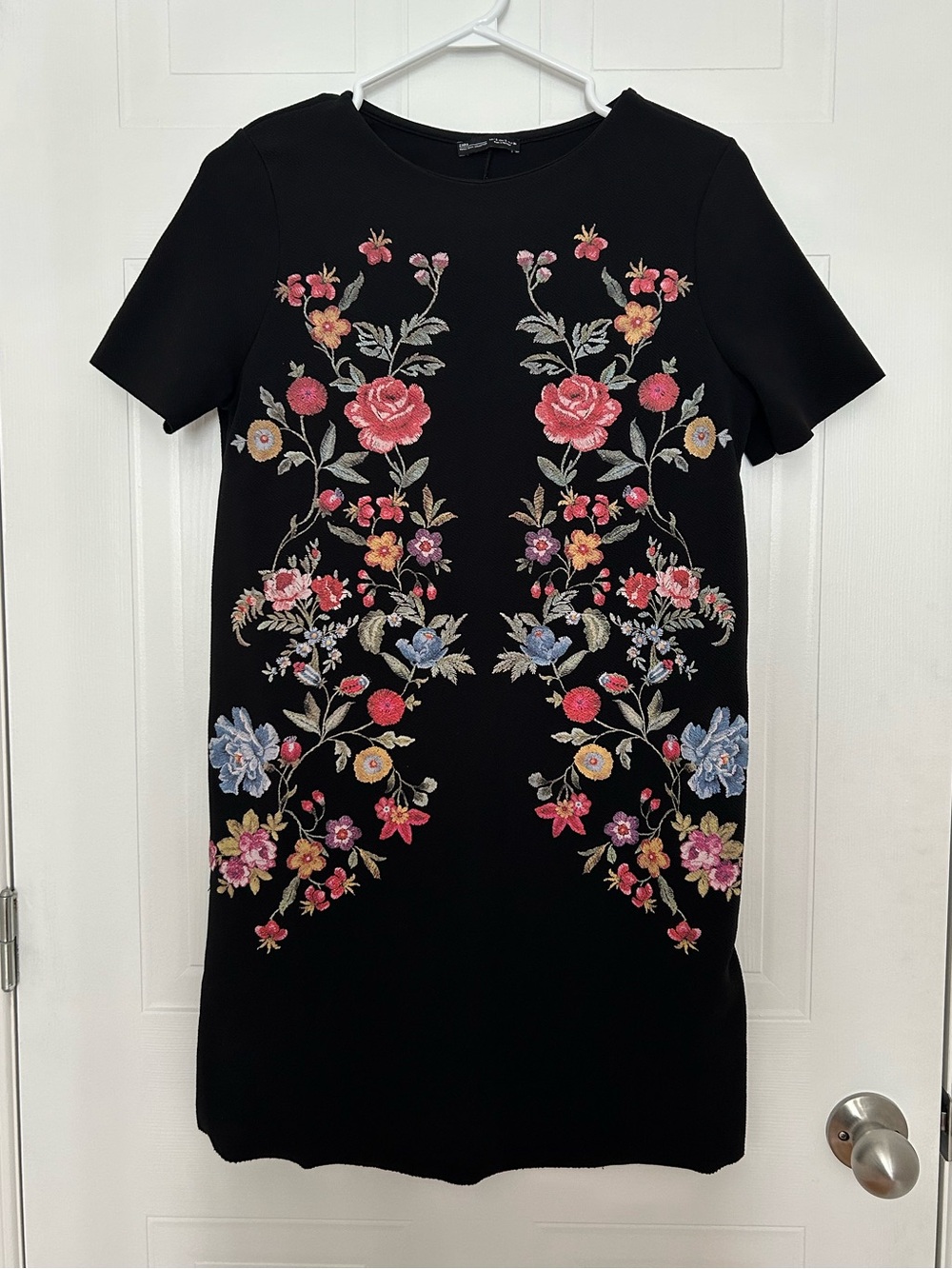 Zara Black Mini Dress with Pink & Blue Floral Embroidery Women’s Size S